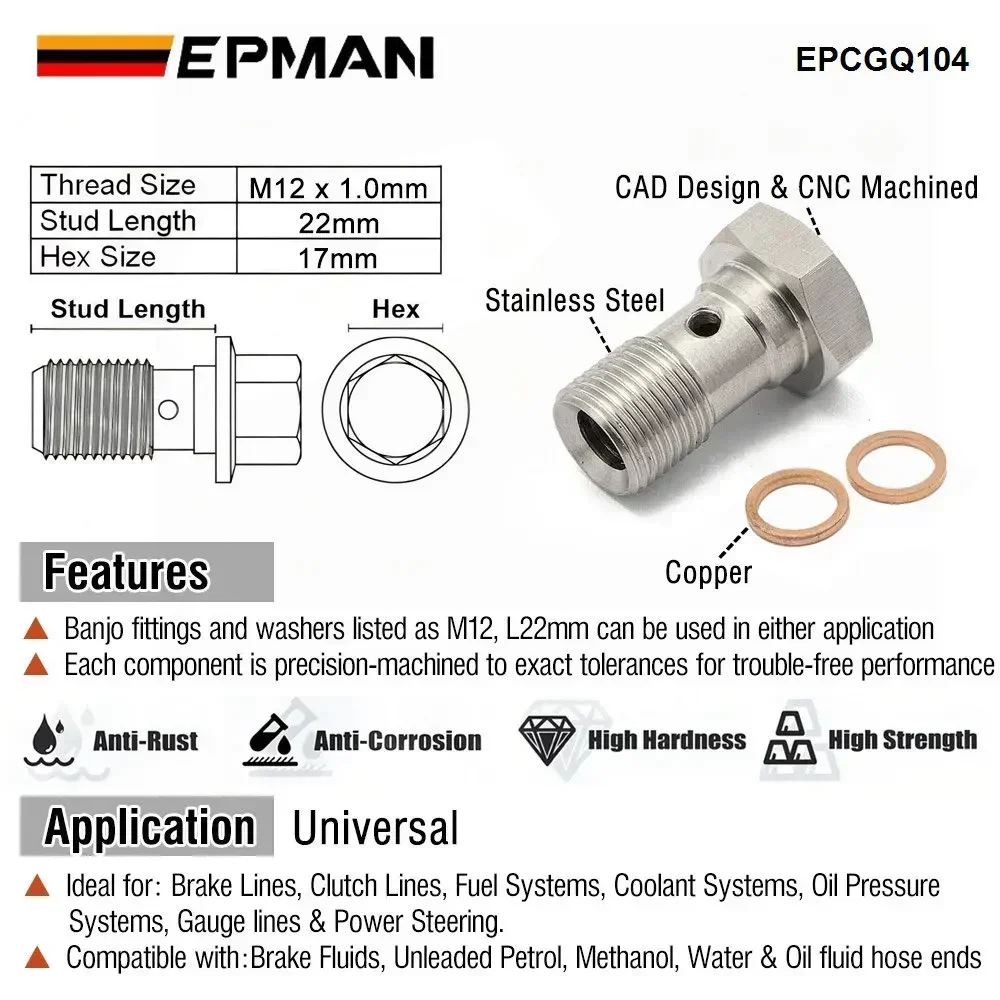 EPMAN Performance Banjo Bolt Single Stainless Steel 7/16" X 20 UNF,-4 AN /-3 AN / M12 M10 Turbo Brake Line Universal EPCGQ79 brake oil connector,brake adapter,racing brake hose lines,bike brake cable,brake cable connector