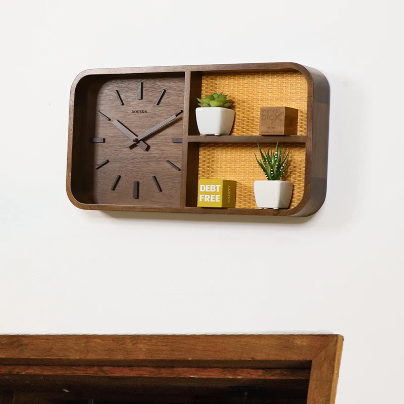 

Home Japanese retro solid wood clock living room wall clock household Chinese quartz clock quiet square clock hanging wall