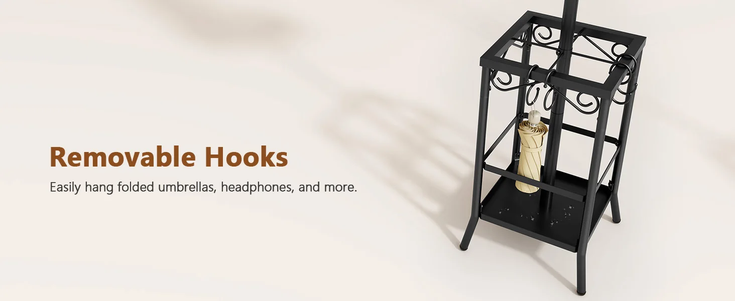 The umbrella holder's flexible hooks can hang folded umbrellas and can be removed if needed.
