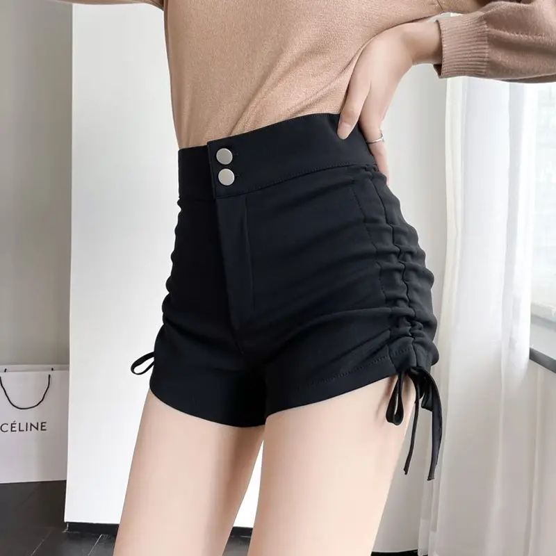 Fashion Zipper Spliced Shirring Bandage Casual Shorts Female Clothing 2024 Summer New Loose Korean Solid Color High Waist Shorts