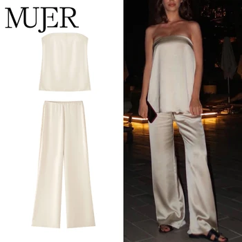 MUJER 2025 conjuntos de pantalones de mujer, pantalones de cintura alta de satén de verano para mujer, pantalones casuales de vacaciones, pantalones de pierna recta para mujer 1