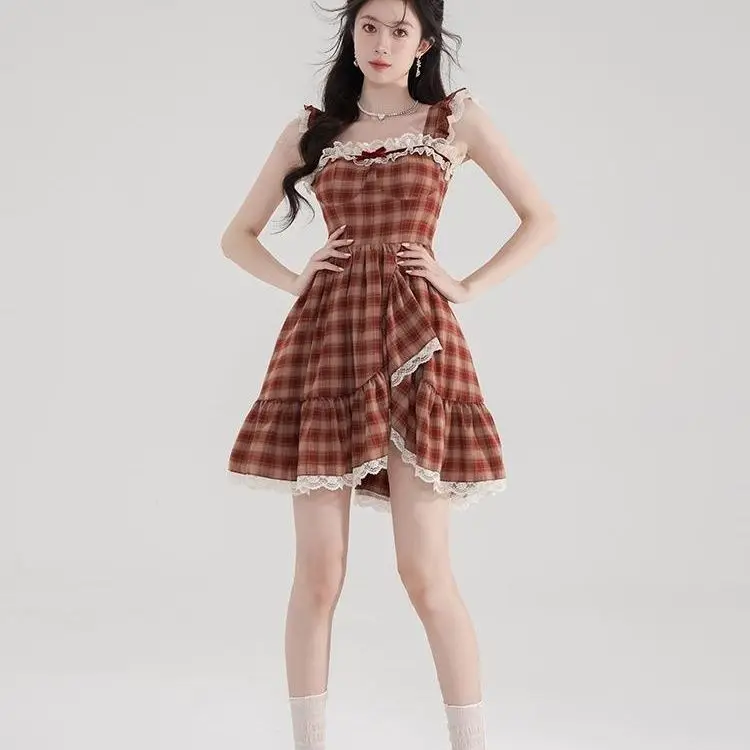 

Lace Dress Plaid Summer Red Princess Plaid Lace Halter French Vintage Puffy Skirt Sub Sweetheart Women's Clothing 2024