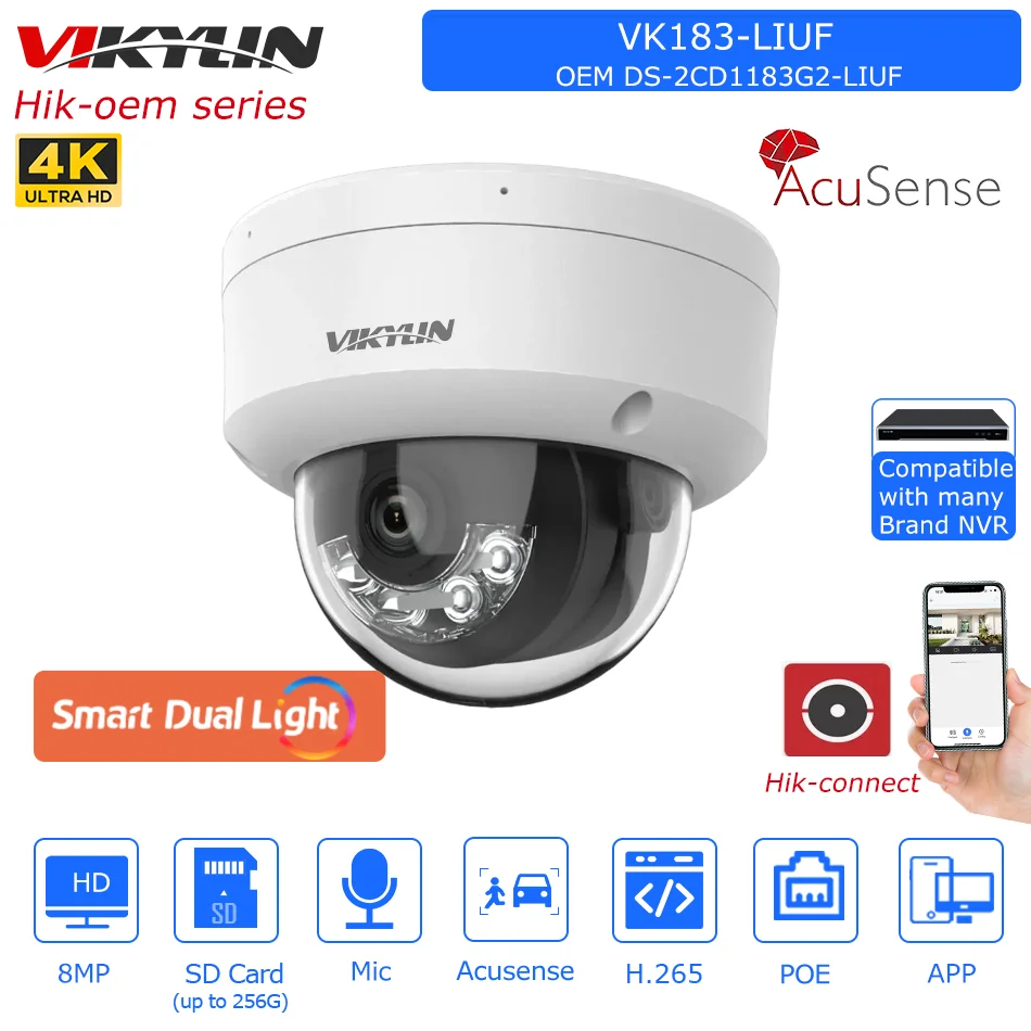 

Vikylin OEM Hikvision 8MP Acusense IP Camera DS-2CD1183G2-LIUF Built-in Mic SD Card slot Surveillance Network Camera Hik-connect