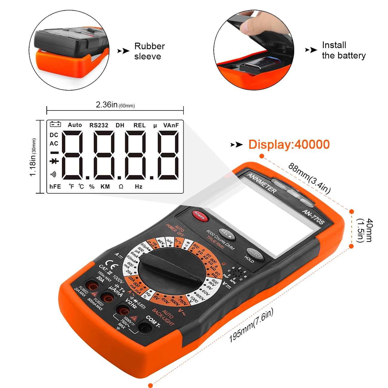 Digital Multimeter AN-770S Digital Multimeter Auto-Ranging 6000 Counts True RMS DC & AC Voltmeter Ohm Amp and Capacitor Tester with Frequence