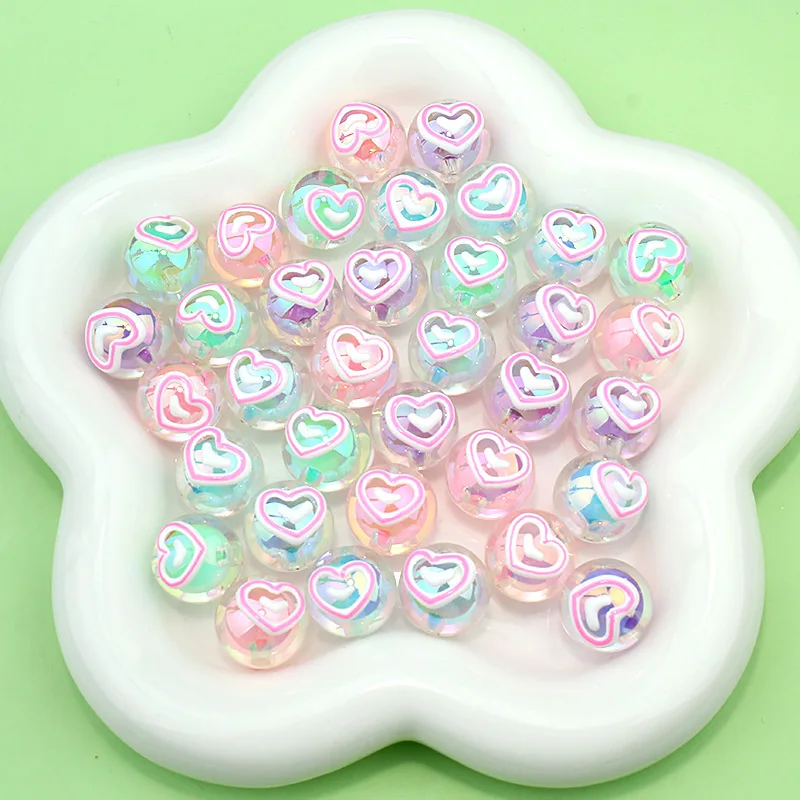 

Colorful Oil Drop Hollow Out Love Heart Printing Ab Acrylic Plastic Gumball Jewelry Beads Ornament Accessory Material 50pcs 16mm