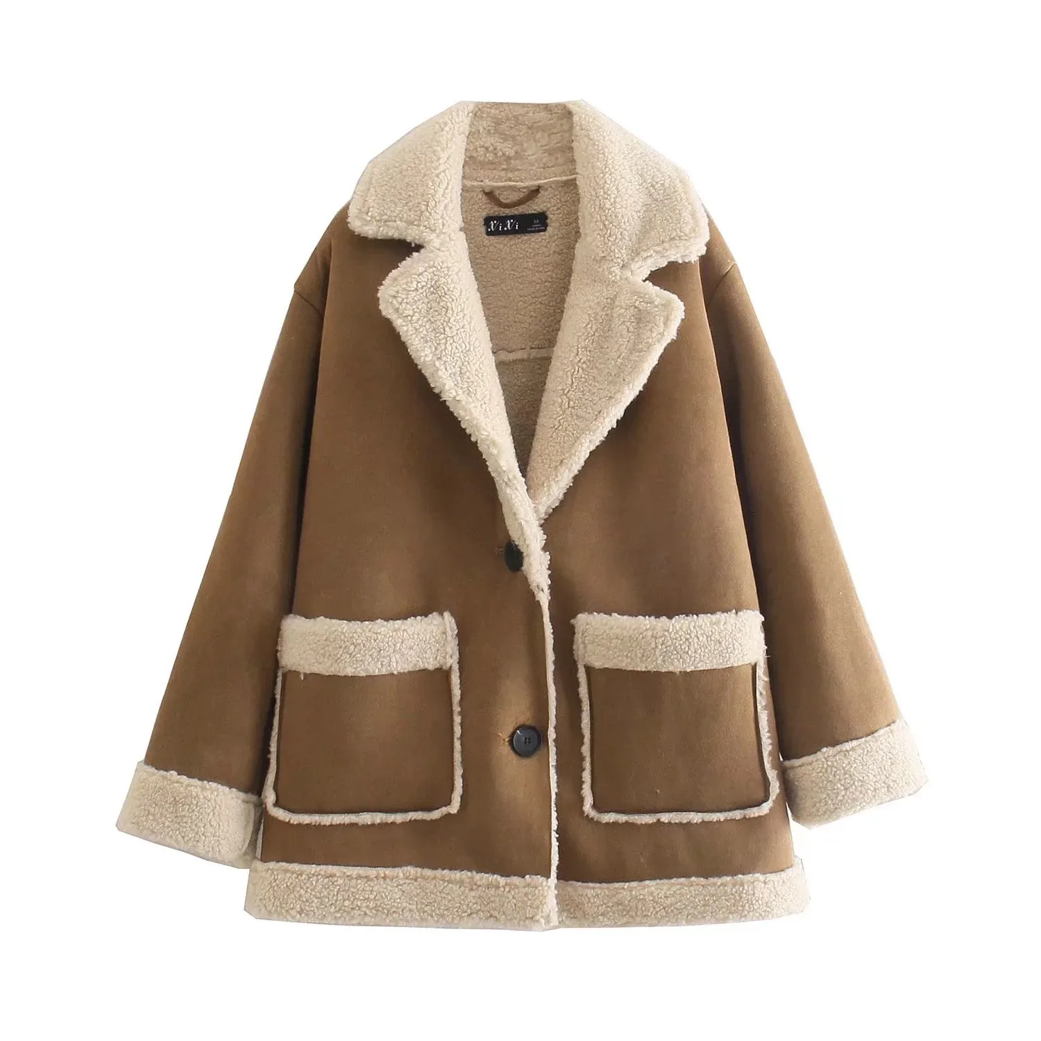 

2023 Winter Women Warm Fur Reversible Fleece Coat Jacket Lamb Wool Thickened Locomotive Lapel Female Chic Outwear Teddy Coat