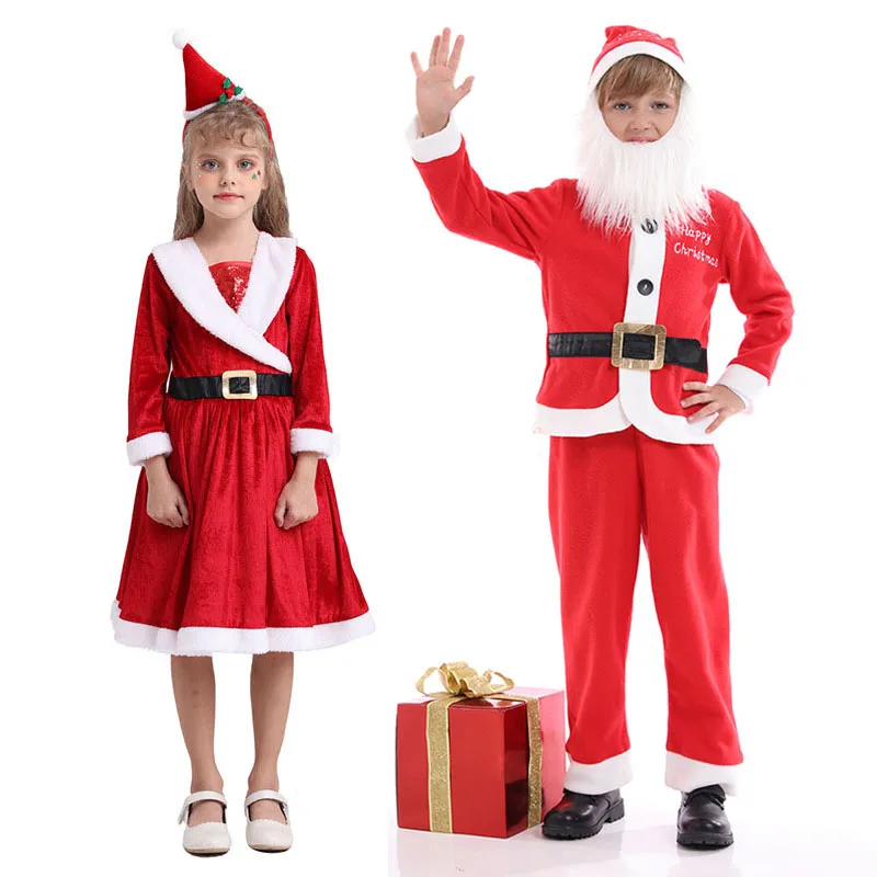 

Toddler Kids Santa Costume Deluxe Long Sleeve Velvet Dress with Headband Christmas Cosplay Outfits for Children Girls Boys