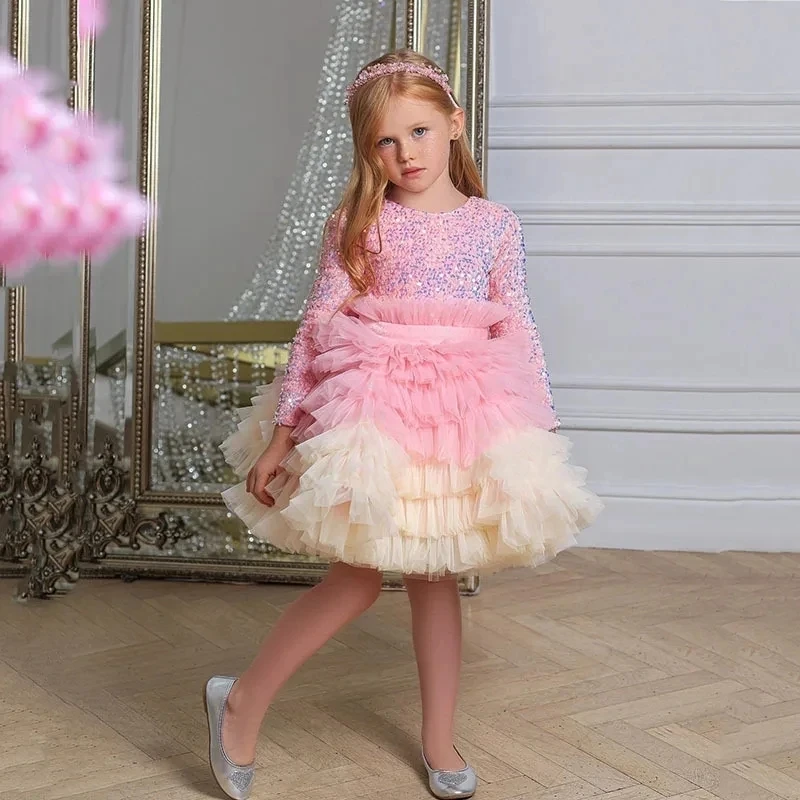 

New Baby Birthday Party Dress For Girls Elegant Sequin Evening Dresses For Teenage Girls Party Frock For Wedding Kids vestido