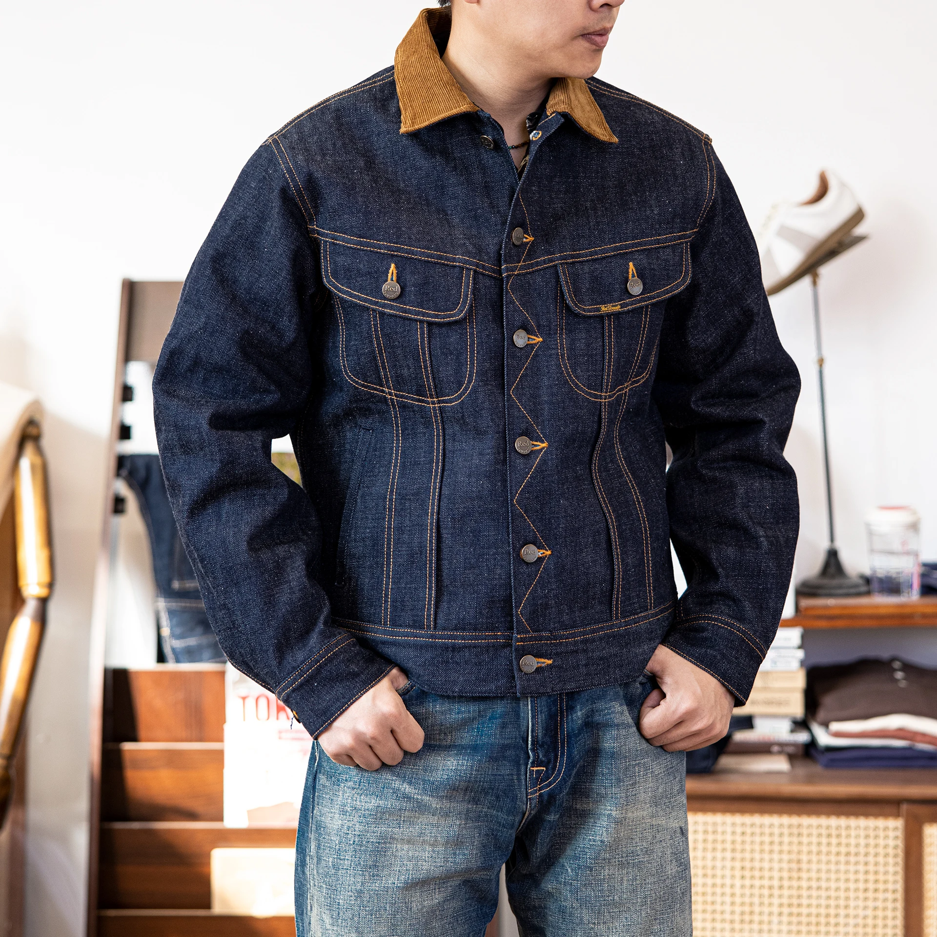 LE-0003 Big Size 18oz High Quality Cotton Denim Jacket Casual Stylish Unwashed Stormrider Coat 3