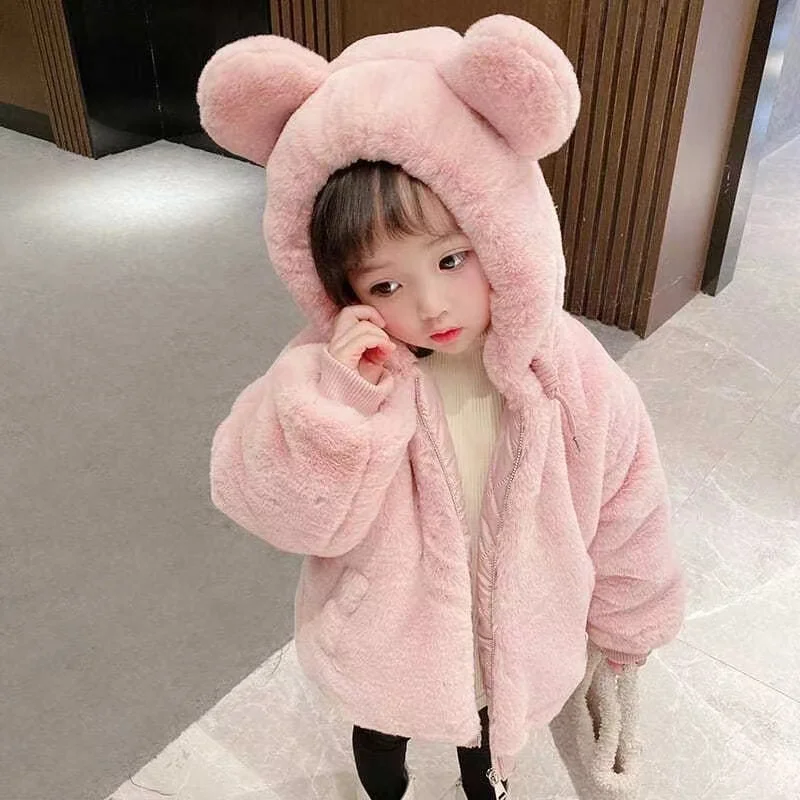 Toddler Girl's Warm Plush Hooded Coat with Bear Ears 3