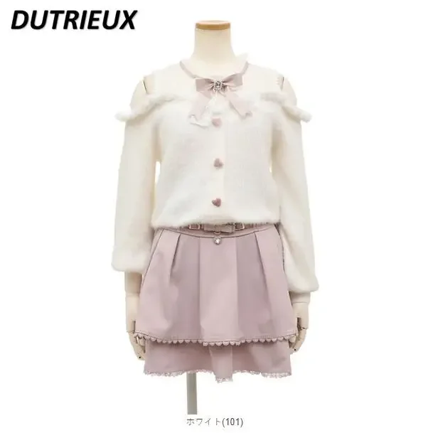 2024New autumn and winter new Japanese sweet and cute soft sweater off-shoulder lace splicing bow plush knitted sweater pullover