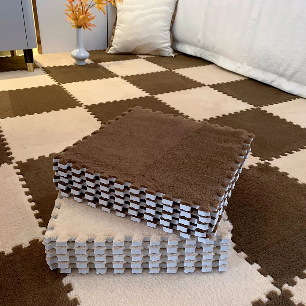 12/24pcs Set of Plush Patchwork Carpet Mats, 30x30cm, Non-slip EVA Foam Washable Thickened Carpet, Multi-color Patchwork Interlo