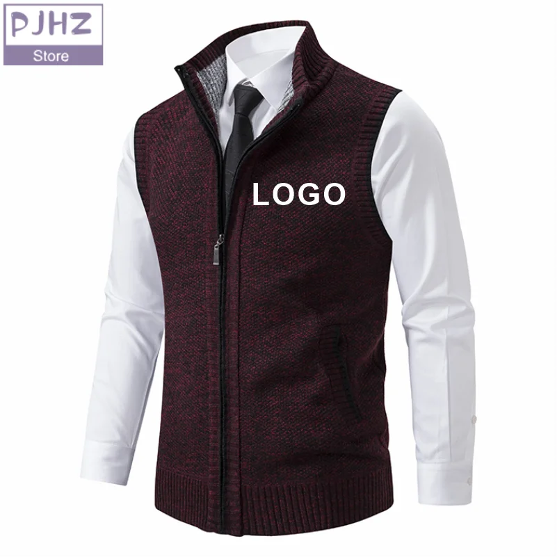 Fashion Men's Knitted Zipper Sleeveless Vest Velvet Cardigan Stand Collar Pullovers Sweatercoat Knit Waistcoat Custom Logo Print 2