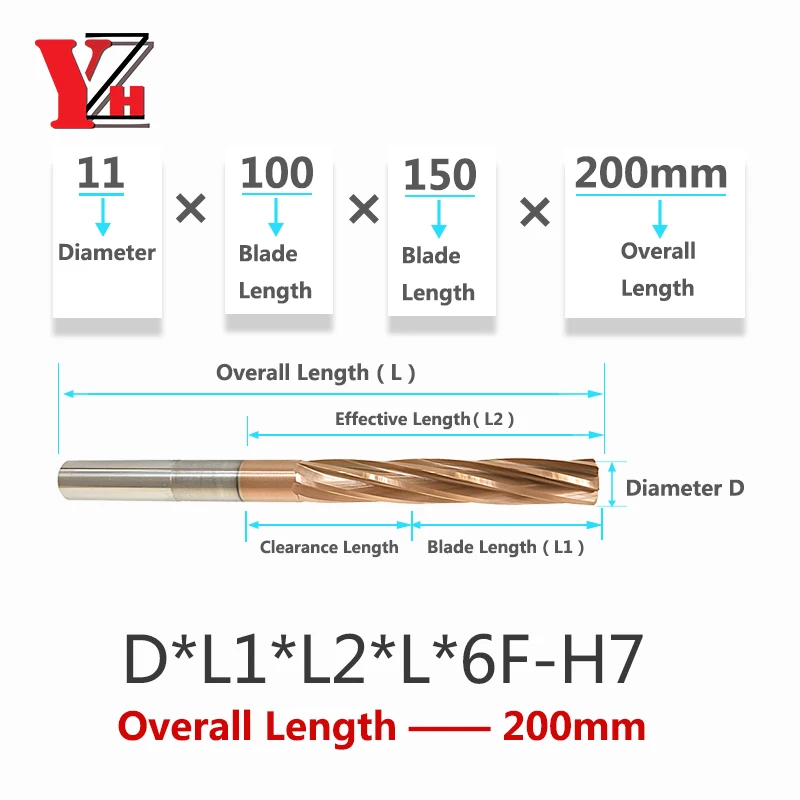 YZH 200mm Carbide Machine Reamer Extended HRC60 Coated Spiral Groove Tolerance H7 Harened Steel Metal Cutter CNC Turning Hole 4