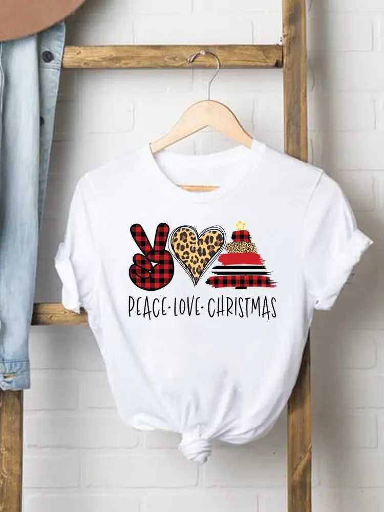 

Happy New Year Lady Casual Female Women Clothes Print Plaid Love Heart Trend O-neck Graphic T-shirt Christmas Fashion Shirt Tee