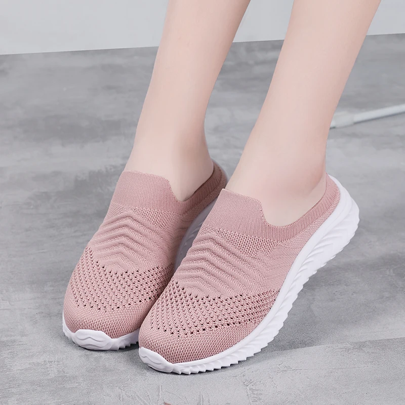 Women Walking Shoes Fitness Summer Mesh Sports Outdoor Flats Light Breathable Slip-On Running Sneakers Black Soft Size 35-42