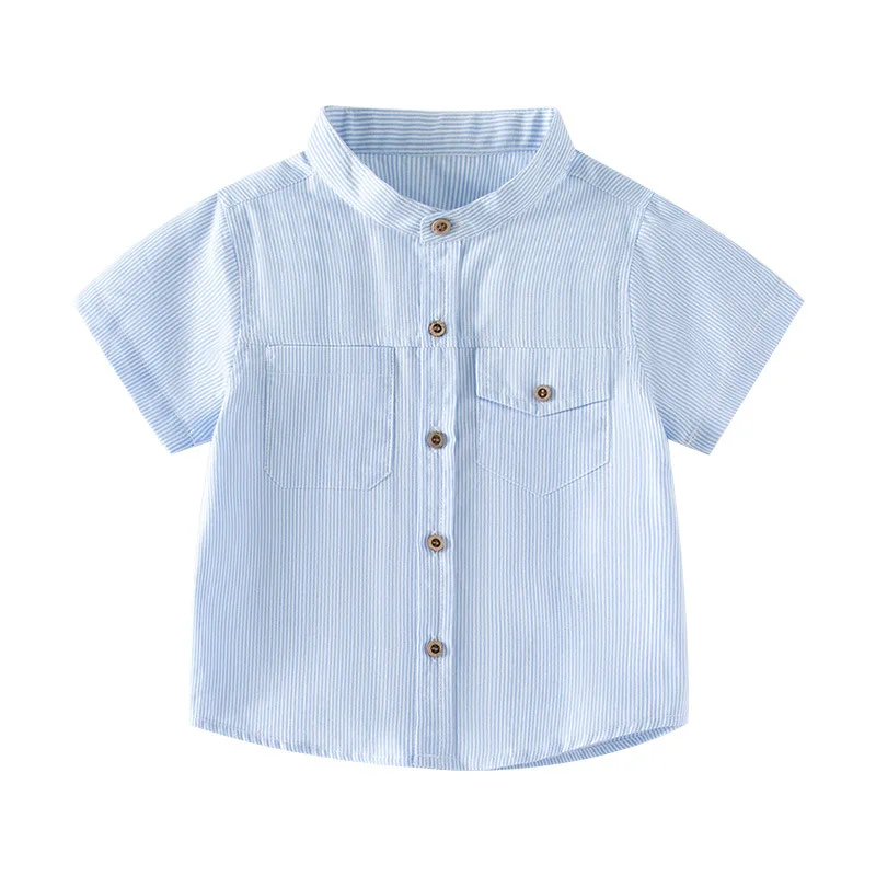 

Рубашки в полоску для мальчиков, небесно-голубые топы для малышей, Детская Хлопковая летняя футболка с воротником-стойкой, детская одежда