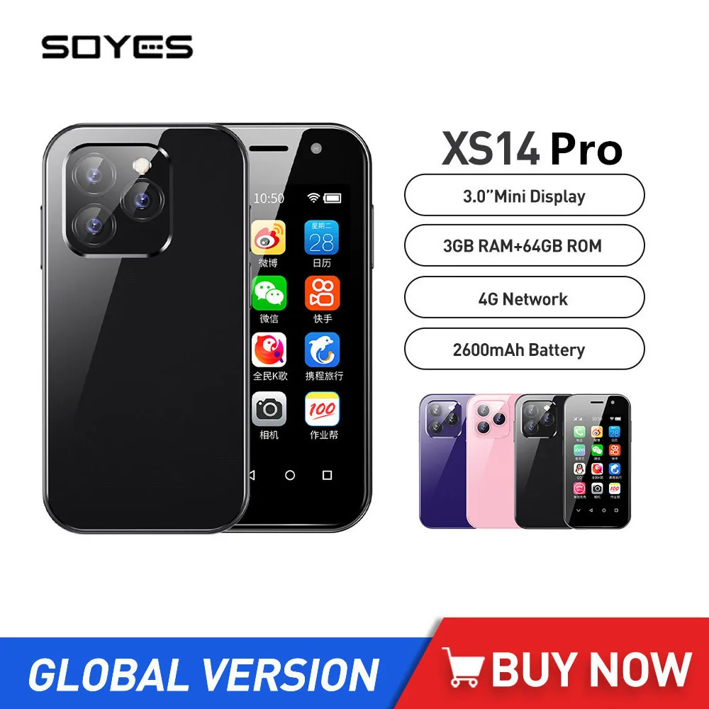 SOYES XS14 Pro Mini Смартфон, четырёхъядерный, 3 ГБ + 64 ГБ, экран 3,0 дюймов, Android, аккумулятор 2600 мАч