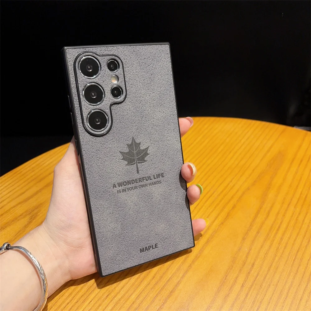 Elegant Maple Leaves Leather Phone Case with Slim Shockproof Design and Lens Protection