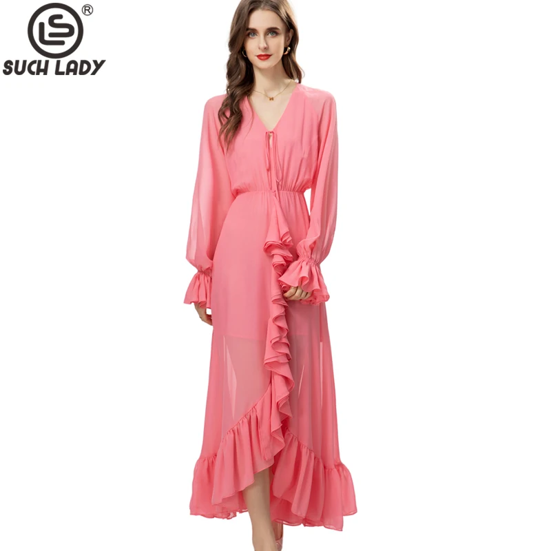 

Женские модельные платья, привлекательные асимметричные платья с V-образным вырезом, длинными рукавами и оборками в несколько рядов, Элегантные дизайнерские платья для вечеринки и выпускного