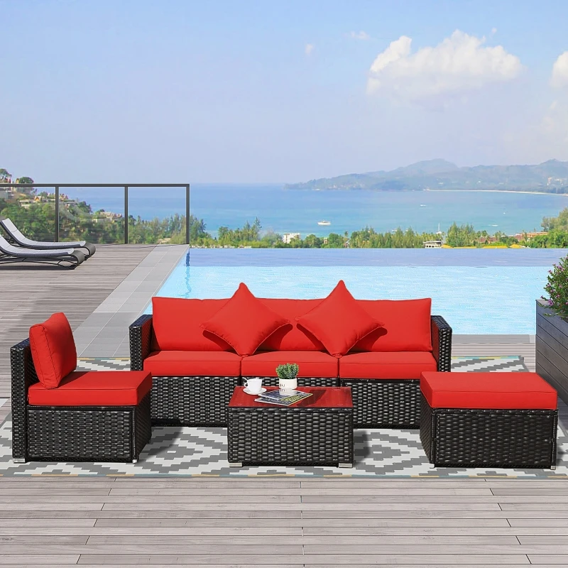 Red 6Piece Patio Furniture Sets AllWeather PE Rattan Sectional Sofa