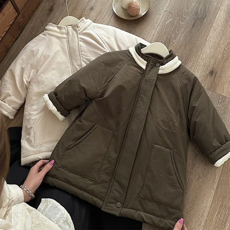 Children Thicken Plush Cotton Clothing Coats Autumn Winter Long Warm Boys Girls Baby Jacket Simple Fashion Korean Kids Outerwear
