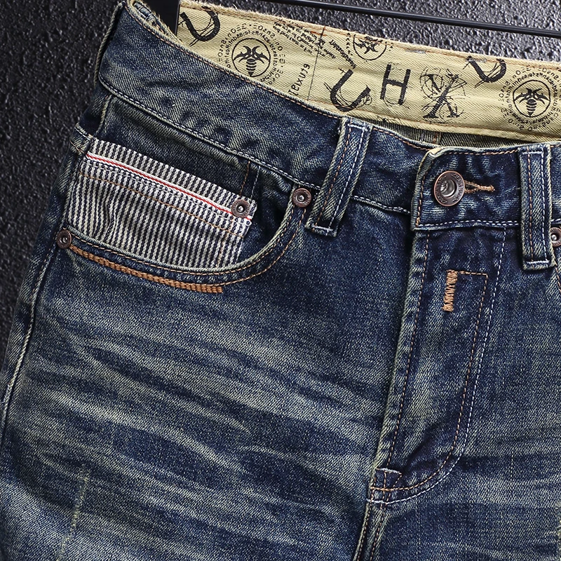 Fashion Designer Men Jeans High Quality Retro Blue Elastic Stretch Slim Fit Ripped Jeans Men Vintage Casual Denim Pants Hombre