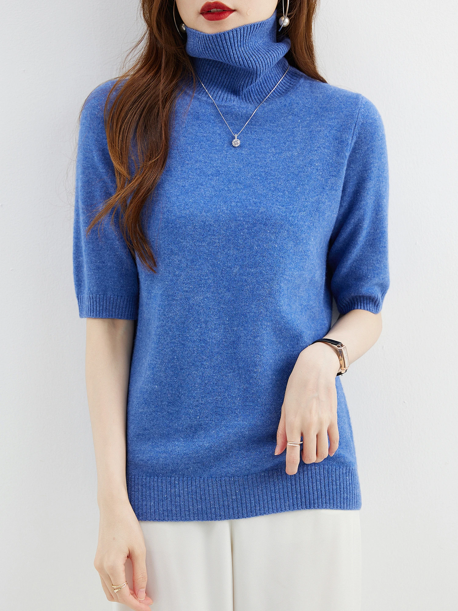 Fashion Turtleneck Women's Sweater 100% Merino Wool Short Sleeve