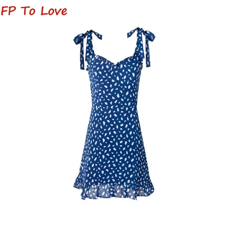 

Sexy Blue Printed Halter High Waist A-line Dress Women Waist Closing Temperament Chiffon Ruffle Hem Mini Dresses