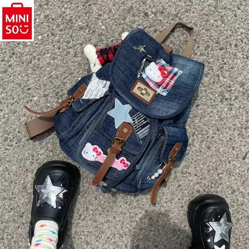 MINISO Sanrio Cartoon Hello Kitty Retro Cowboy Collage Student Backpack Sweet Large Capacity Fashion Storage Backpack