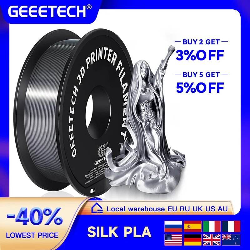 Geeetech Seda Pla 3d Filamento de Arame 1kg 1.75 Milímetros Carretel de Fio Material de Impressora 3d 3d Impressão Recargas Entrega Rápida Embalagem a Vácuo