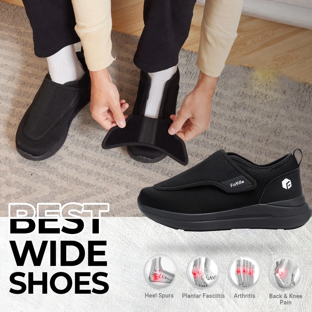Fitville Extra Brede Wandelschoenen Met Klittenband Voor Heren Orthopedische Comfortabele Sneakers Blauw 44 EU Breed