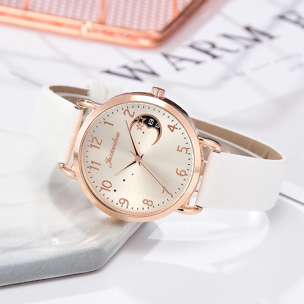 Women Watch Moon Numbers Dial Bracelet Watches Set Ladies Leather Band Quartz Wristwatch Women Female Clock Relogio Mujer