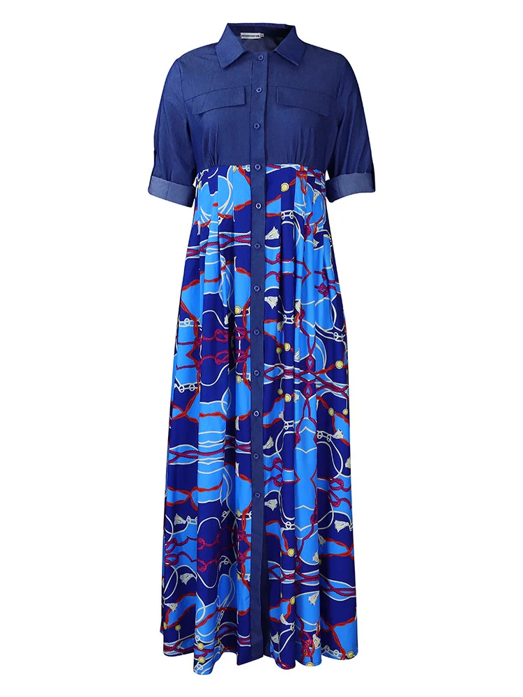 Wmstar Women Dress Summer Fashion Denim Patchwork High Waist Elegant Office Lady Long Maxi Dresses Wholesale Dropshipping S-3XL