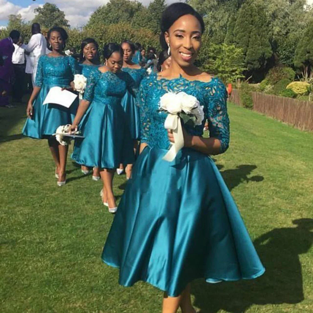 

2022 Country Style Bridesmaid Dresses Teal Tea Length Garden Formal Wedding Party Guest Maid of Honor Gown Plus Size