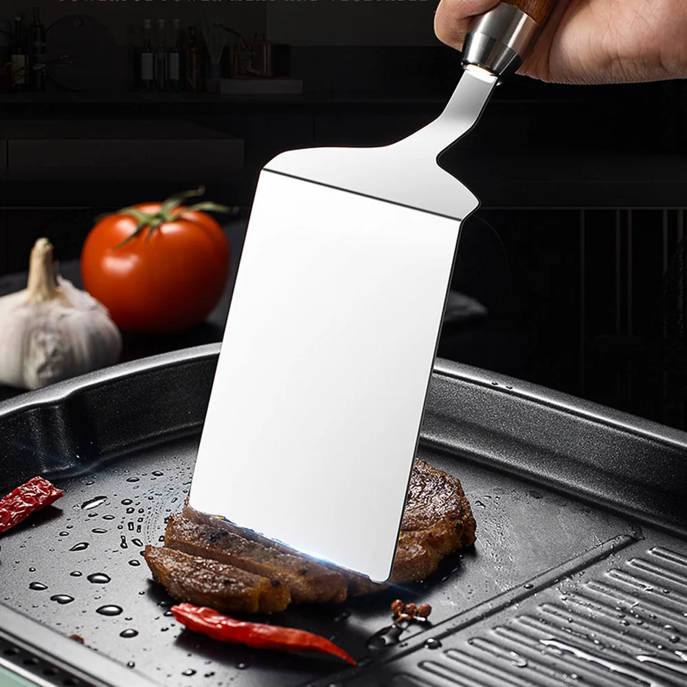 Food Shovel 403 Stainless Steel BBQ Plate Grill Scraper Pancake Spatula 8.5cm Large Shovel Surface with Wood Handle