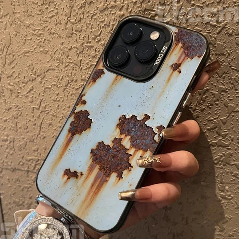 Vintage Electroplate Silver IMD Hard Phone Case with Retro Rust Pattern