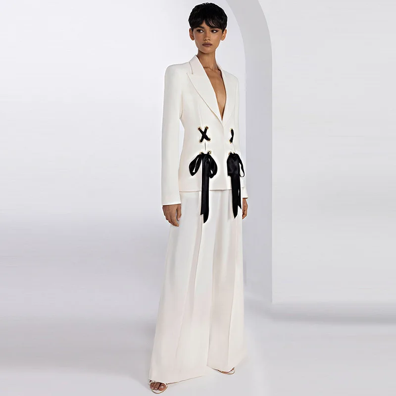 2024 early spring series new European and American star fashion ribbon tie suit jacket wide-leg trouser suit