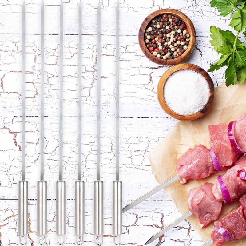 6Pcs/Set stainless steel barbecue stick metal skewers flat needle 40cm outdoor tools with bag
