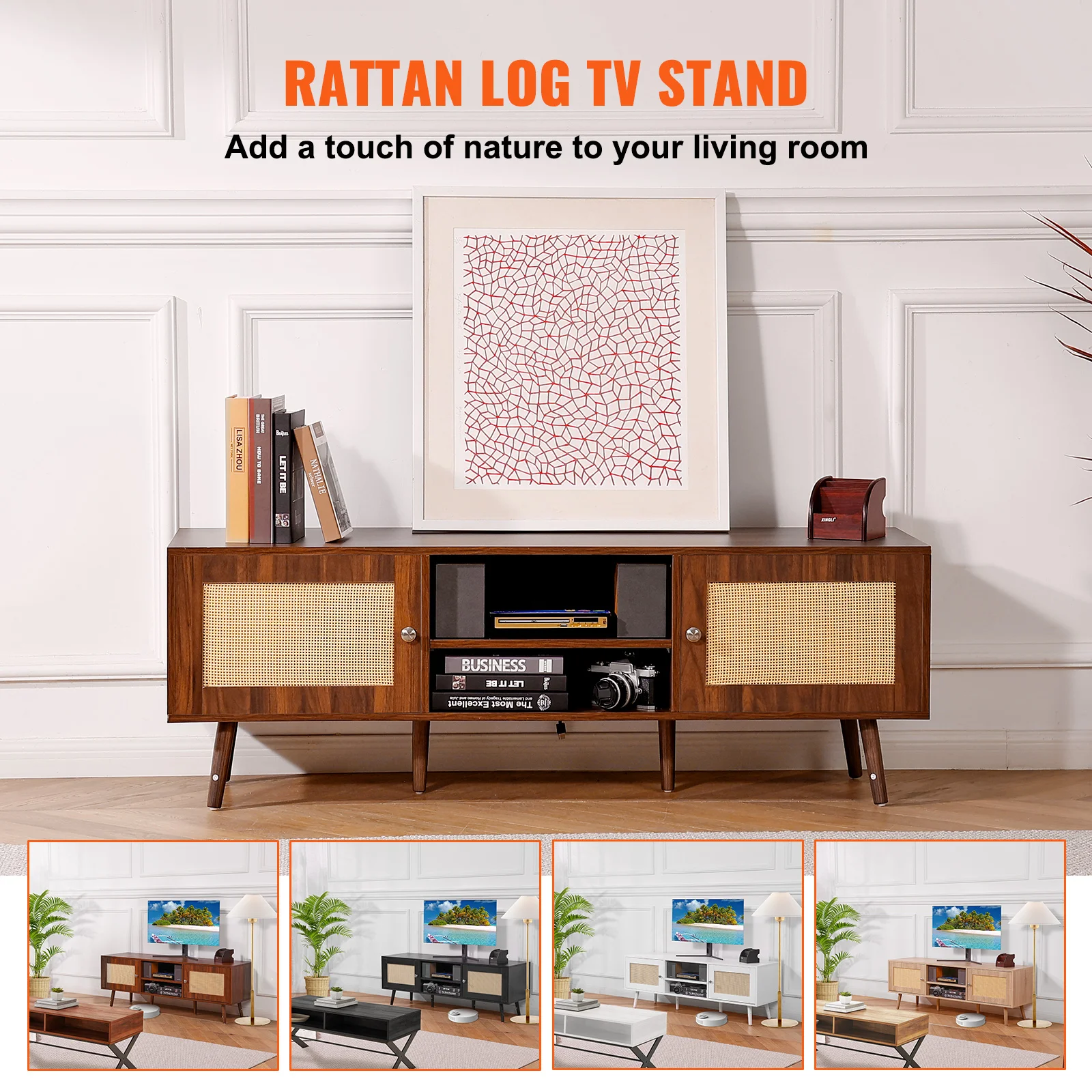 Rattan Mid Century Modern TV Stand with Adjustable Shelf