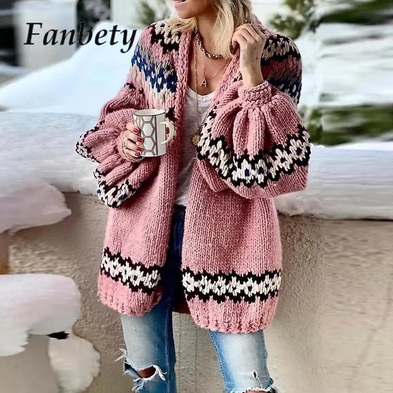 

Vintage Contract Color Loose Sweater Coats Women Casual Long Sleeve Knitted Cardigan Elegant Ladies V-neck Knitted Jackets