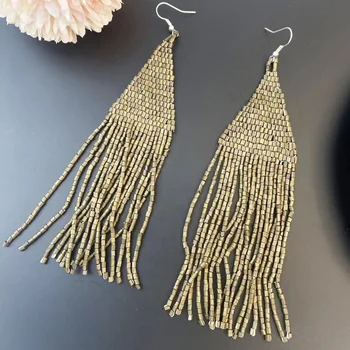 Fashionable Retro Style Hand Woven Ethnic Style Solid Color Long Style Exaggerated Tassel Earrings Suitable High-End Women