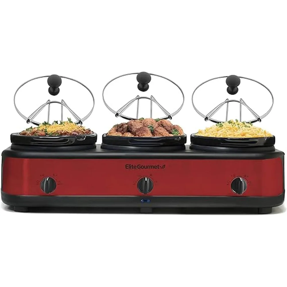 

Triple Slow Cooker Buffet Server Adjustable Temp Dishwasher-Safe Oval Ceramic Pots, Lid Rests, 3 x 2.5 Qt Capacity, Red