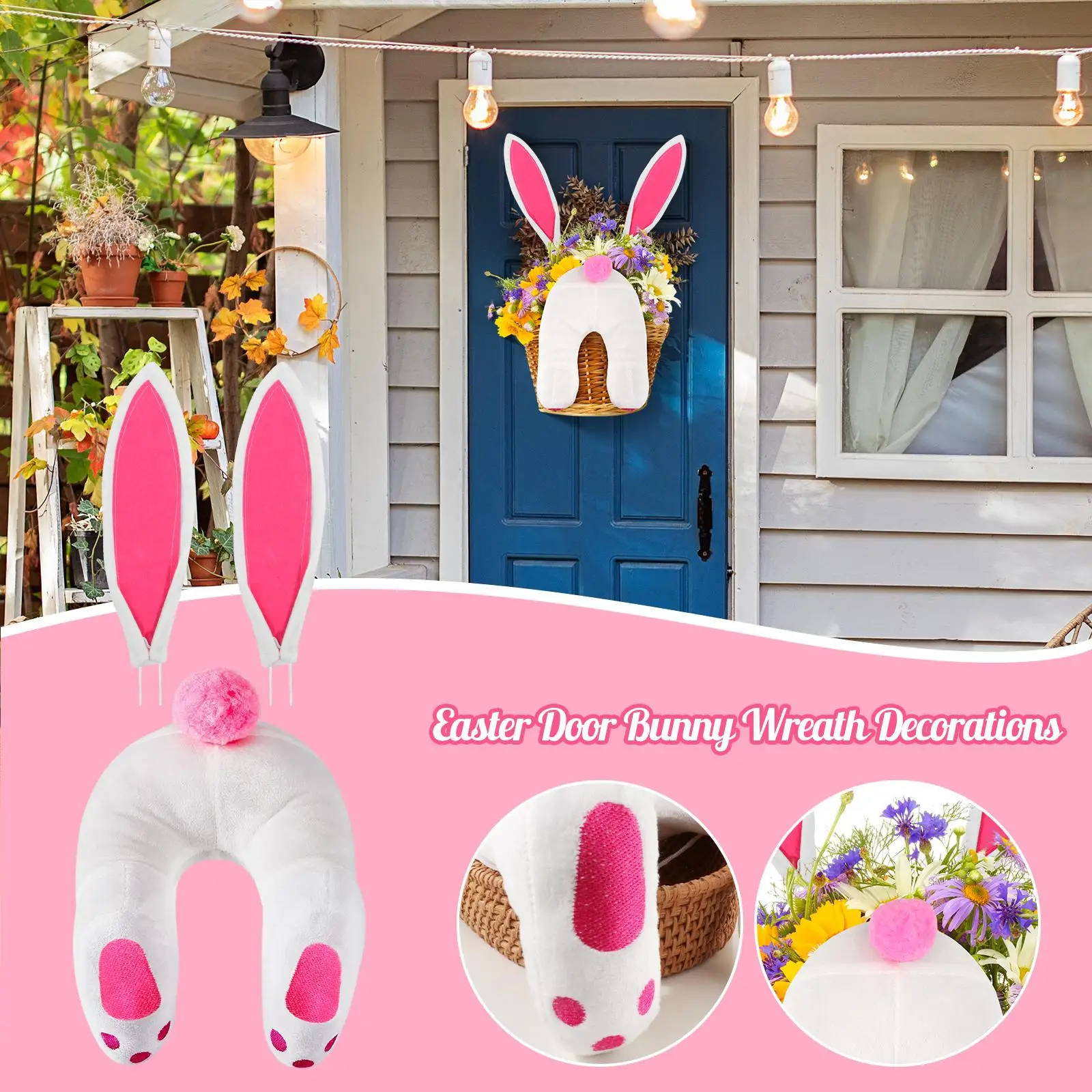 Bunny Butt and Ears Wreath Kit Fabric Artificial Wreath Supplies for Easter Holiday Front Door and Wall Decoration