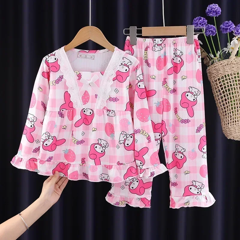 Miniso Kuromi Cinnamoroll Autumn Children's Pajamas Set Anime My Melody Long Sleeved Sleepwear Set Little Girl Home Clothing 2