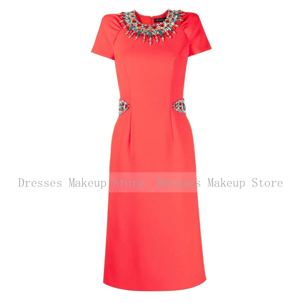 Luxury Cocktail Dresses Orange Red Crystal O Neck Column Women's Cocktail Gowns Midi Tea Length Short Sleeves Sheath Party Dress cocktail dress