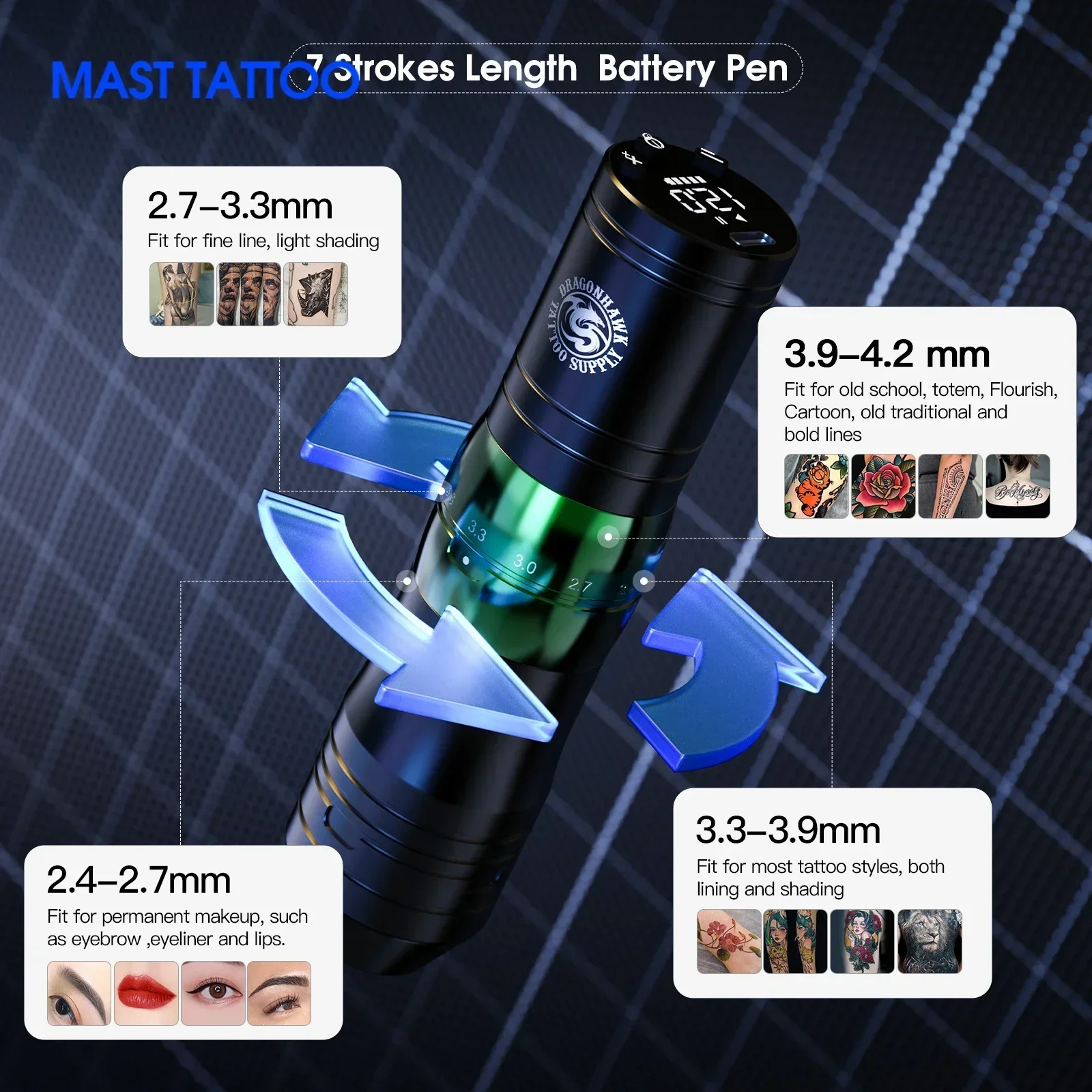 Dragonhawk AMOR Adjustable Stroke Coreless Motor Wireless Tattoo Pen Cartridge Tattoo Needle and Ink Machine Kit Complete