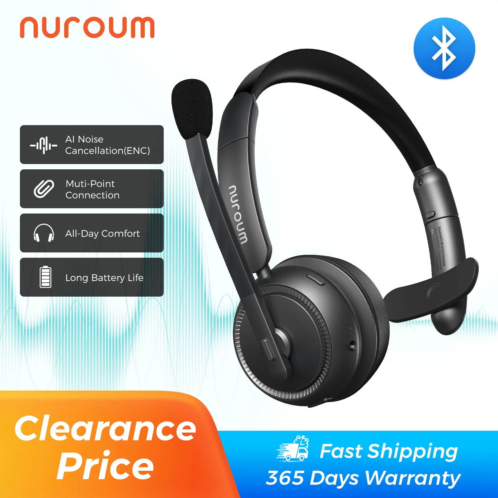 Nuroum HP31SN Wireless Headset with Noise Cancelling Microphone Bluetooth 5.3 for Work Office Call Center, Mute Button Multi-Point Over Ear Headphones for PC Laptop Computer Teams Zoom, Darkgrey Earphones