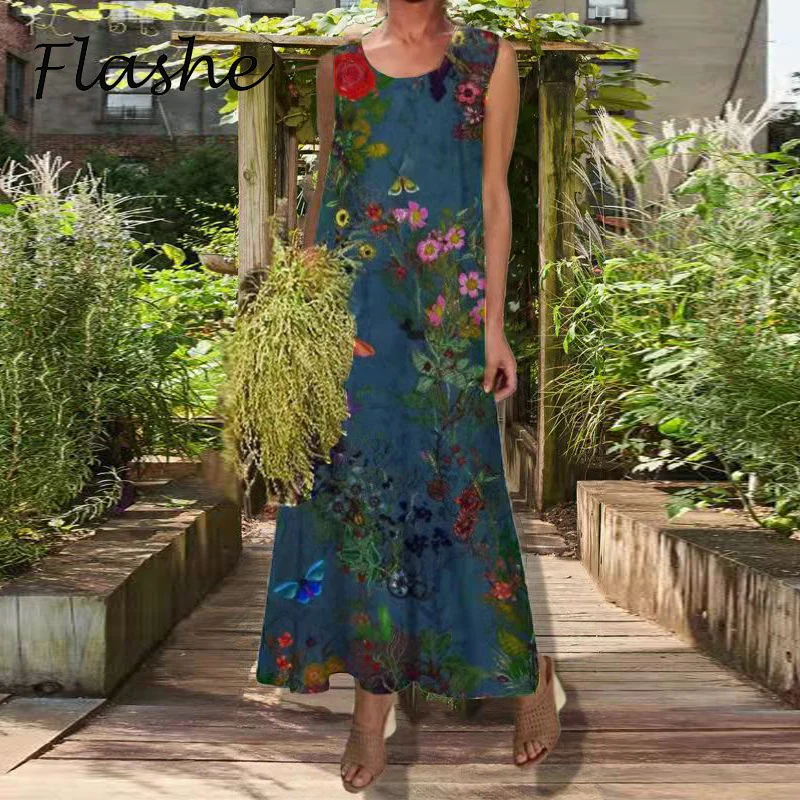 

Vintage Floral Printed Dress Women Fashion Maxi Neck Sleeveless Sundress Summer Casual Loose Beach Bohemian Long Dress 2022