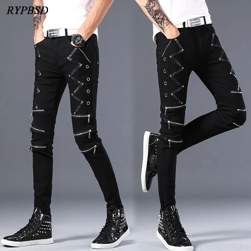 Men Jeans Pants 2024 Fashion Korean Zipper Patchwork Biker Leather Streetwear Hip Hop Punk Gothic Black Jeans Trousers for Men